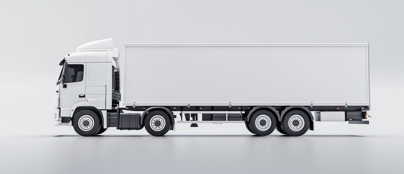 Hyperrealistic White Long Truck Model Mockup with White Studio Background
