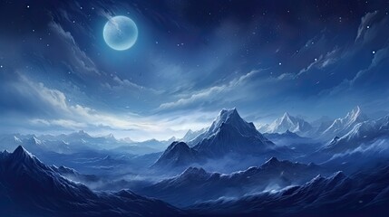 The full moon rises over a majestic snow-capped mountain range. The sky is clear and filled with stars. The mountains are covered in snow and ice.