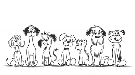 Cute cartoon dogs standing in line, in a doodle style with simple lines and shapes, on a white background with black ink on paper, with a funny expression and a white border.