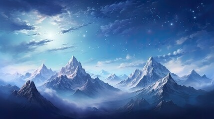 The image is of a beautiful mountain landscape. The mountains are covered in snow. The sky is a clear blue with a few stars.