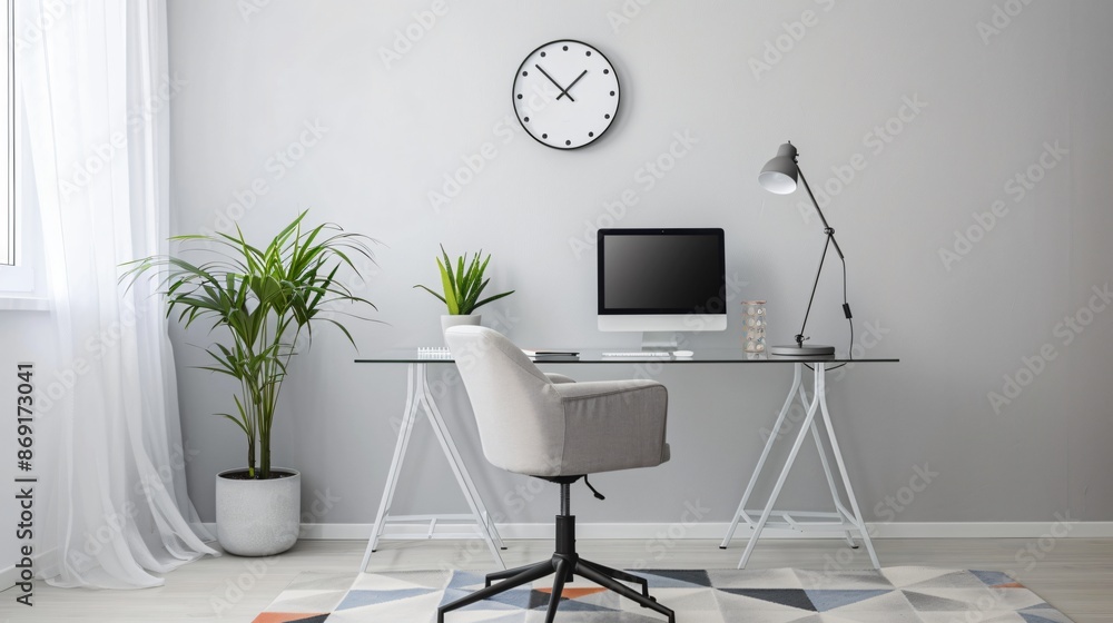 Wall mural A contemporary office space with a glass desk, a modern swivel chair, a geometric rug, and a statement wall clock