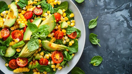 A colorful summer salad featuring fresh corn kernels, cherry tomatoes, avocado slices, and a light vinaigrette dressing