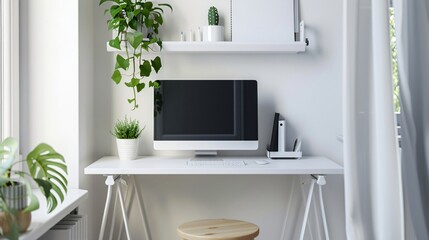 A compact and efficient office with a fold-out desk, a stool, wall-mounted shelves, and a small whiteboard for notes and ideas