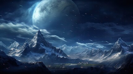 A beautiful winter landscape with a full moon and snow-capped mountains. The sky is clear and starry, and the moonlight is reflecting off the snow.