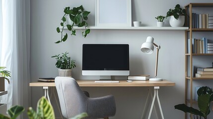 A cozy and inviting office corner with a small wooden desk, a comfortable armchair, a floor lamp, and a bookshelf filled with plants and books