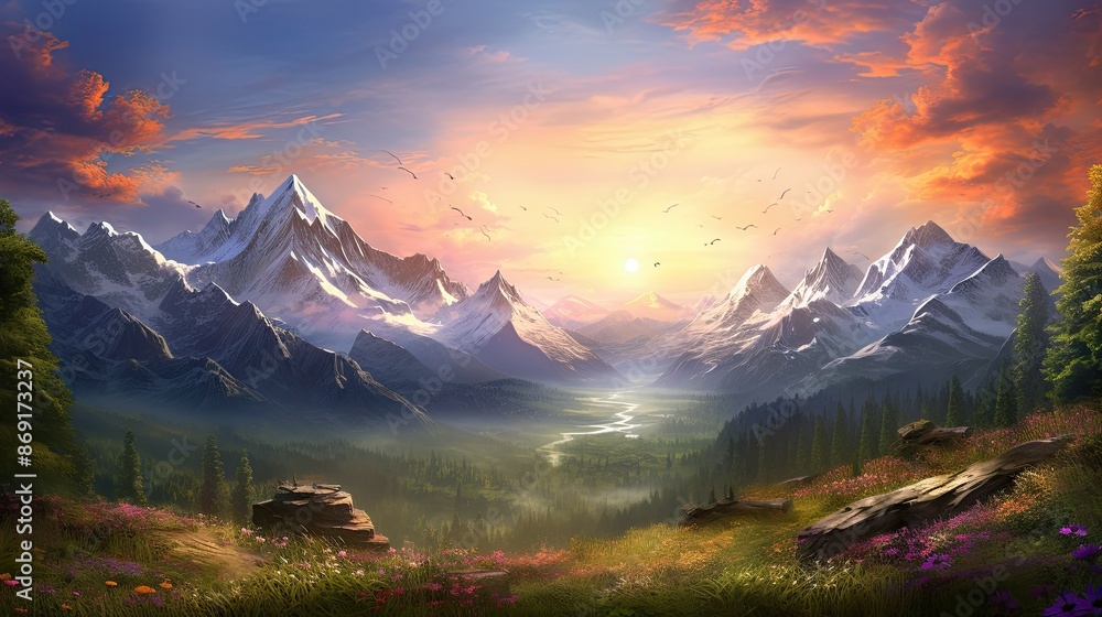 Poster a beautiful landscape image of snow-capped mountains in the distance with a river running through a 