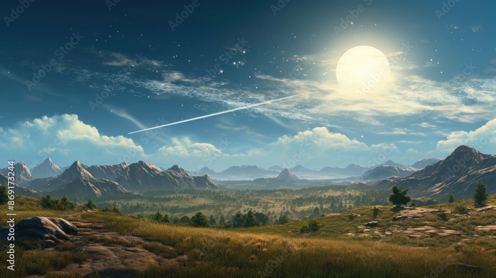 Poster the image is a beautiful landscape with a large moon in the sky. the moon is surrounded by stars and