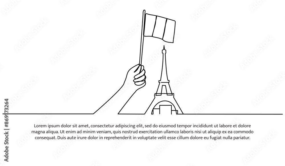 Poster continuous one line design of flag and tower of france. minimalist style vector illustration on whit