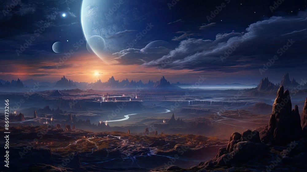 Poster the image is a beautiful landscape of an alien planet. there are two moons in the sky. the planet is