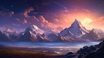The majestic mountain range is bathed in the warm glow of the setting sun.