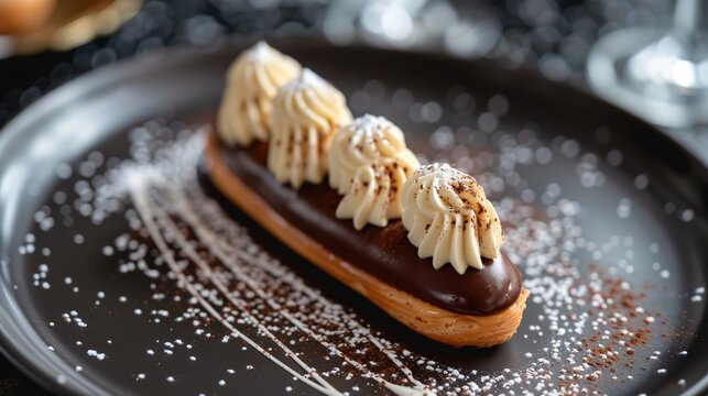 A delicate eclair, glazed with chocolate and placed on a sleek, black plate, with a single line of white icing