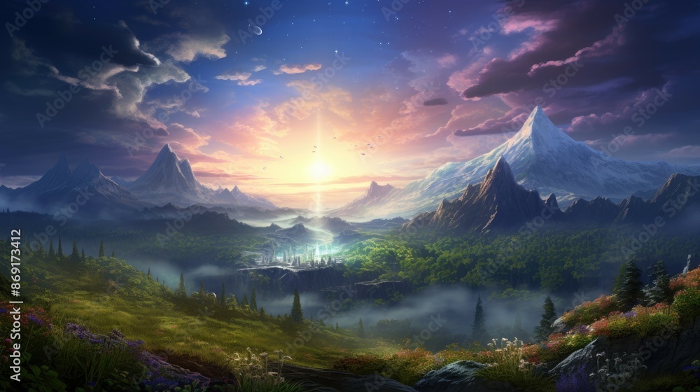 Poster the image is a beautiful landscape with a river running through the middle. there are mountains in t