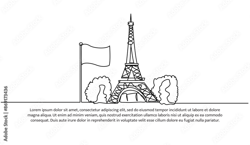 Poster continuous one line design of flag and tower of france. minimalist style vector illustration on whit