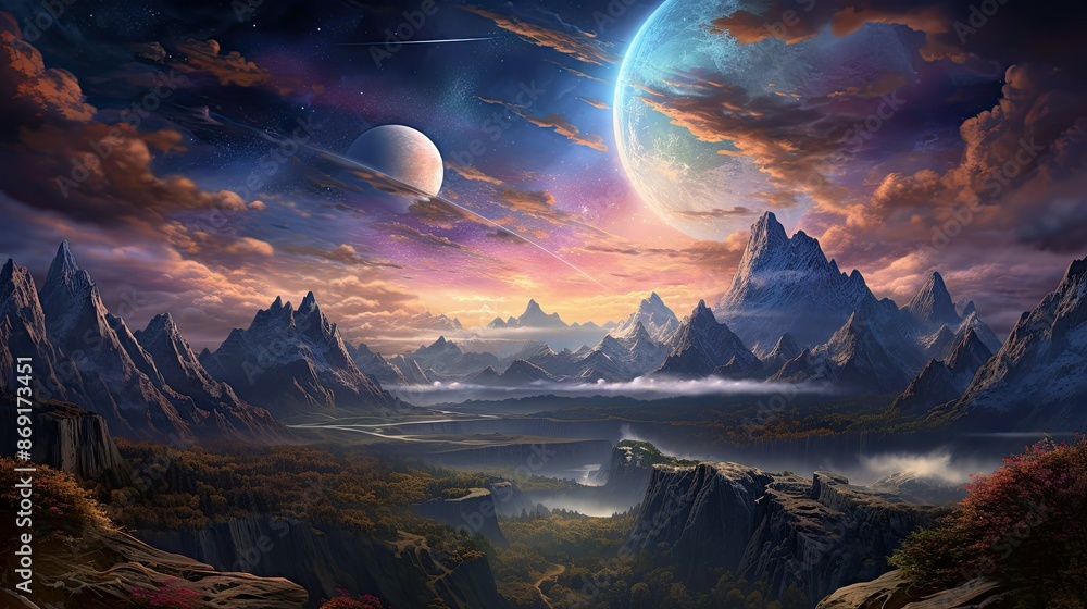 Poster a beautiful landscape of a valley with a river running through it. there are mountains in the backgr