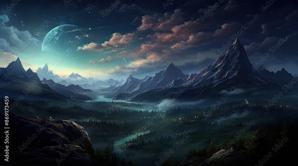 Poster the image is a beautiful landscape of a valley with a river running through it.