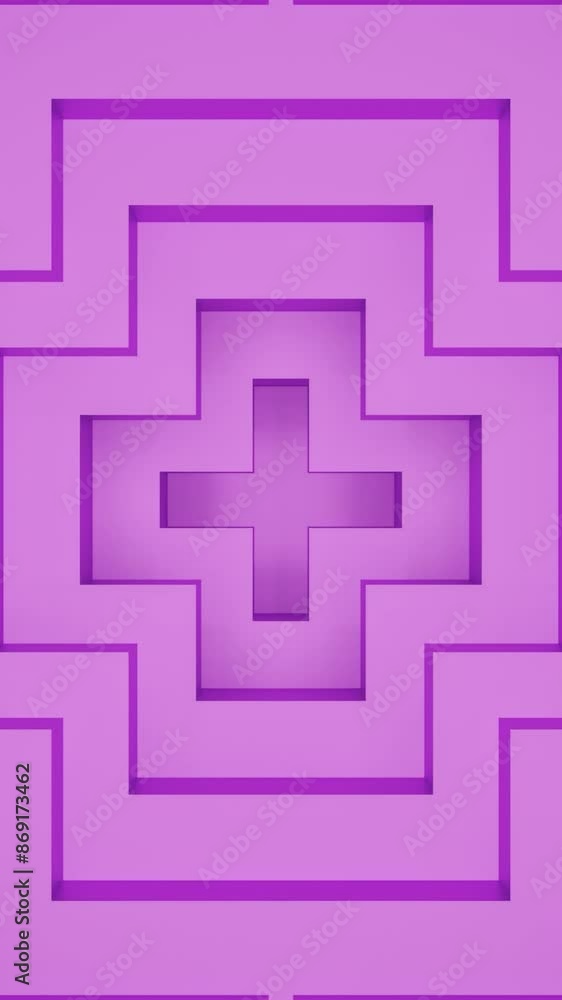 Poster Moving geometric 3d pattern in center. Design. Repeating 3D pattern in center with a geometric shape. Labyrinthine repeating pattern in shape of plus sign