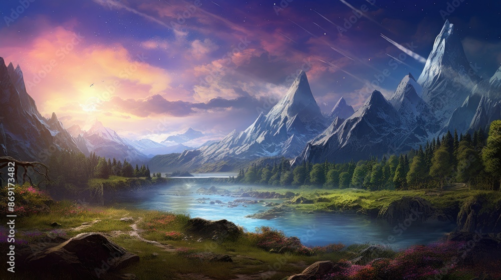 Poster the image is a beautiful landscape of a mountain range with a river running through the middle. the 