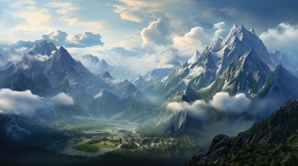 Fototapeta premium The mountain range is covered in snow. The clouds are white and fluffy. The sky is blue and clear. The sun is shining brightly.