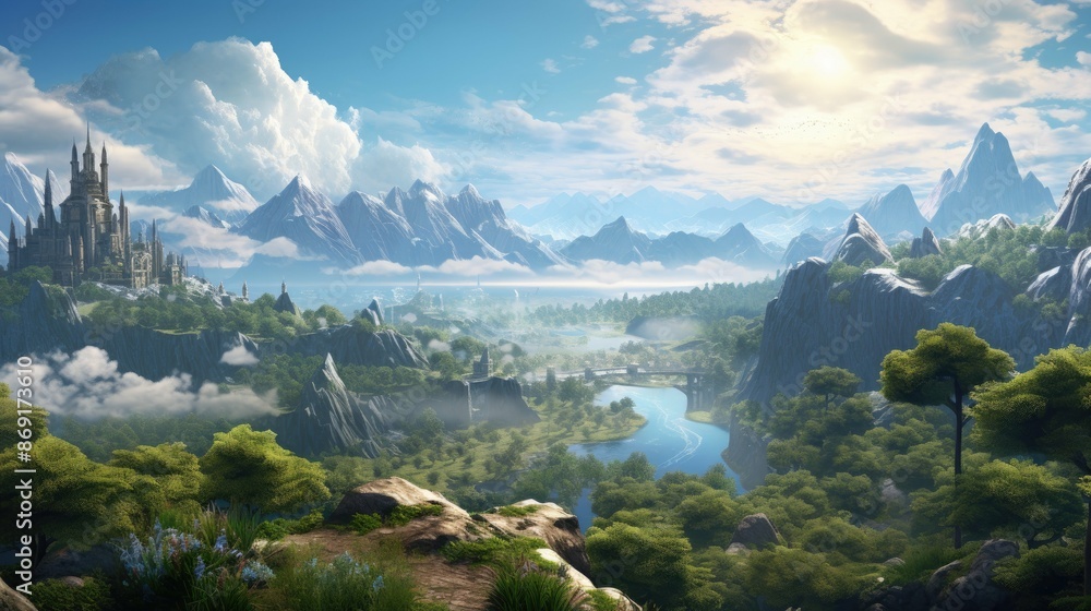 Poster the image is a beautiful landscape of a valley with a river running through it. there are mountains 