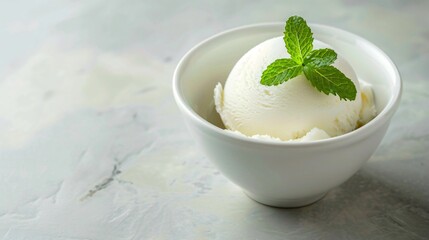A minimalist dessert featuring a small scoop of gelato in a plain, white bowl with a single mint leaf