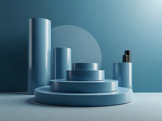 Pastel blue cylinder pedestal podium set with blue background. Minimalist scene for product presentation.