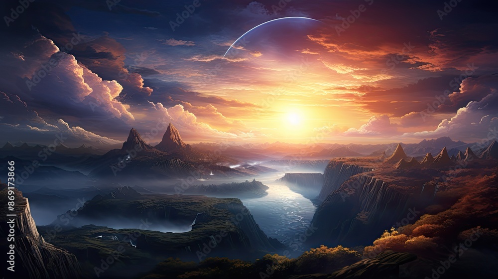 Poster the image is a beautiful landscape with a river running through a valley. the sky is a gradient of o
