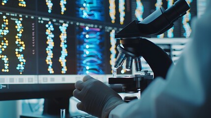 Macro shot of a researcherâ€™s hand adjusting a microscope, with detailed genetic information displayed on nearby computer monitors, highlighting precision in medical DNA analysis.