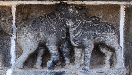 Joint carved sculpture of Nandi and an elephant on Arulmigu Kampahareswar Temple, Thirubhuvanam, Tamil Nadu, India.