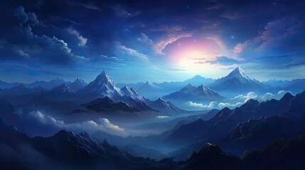 The image is a beautiful landscape of snow-capped mountains at dawn. The sky is a deep blue and the sun is rising over the horizon.
