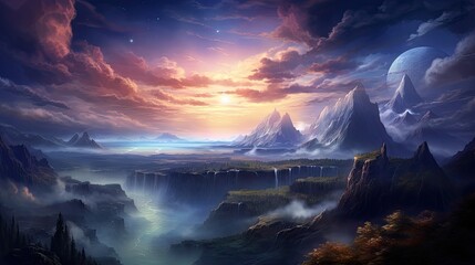 Fototapeta premium A beautiful landscape painting of a mountain range at sunset. The sky is a gradient of purple, pink, and yellow, with a few stars dotting the sky.