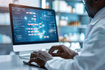 Fototapeta premium Healthcare professional preparing prescription orders online in a pharmacy setting.