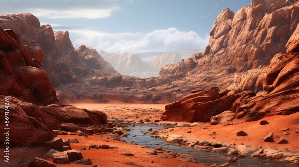 Poster arid desert landscape with red rocks and a river running through it. the sky is blue and there are s