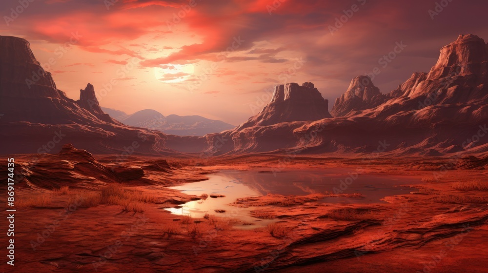 Poster a beautiful landscape of a red planet with a large canyon and a river running through it. the sky is
