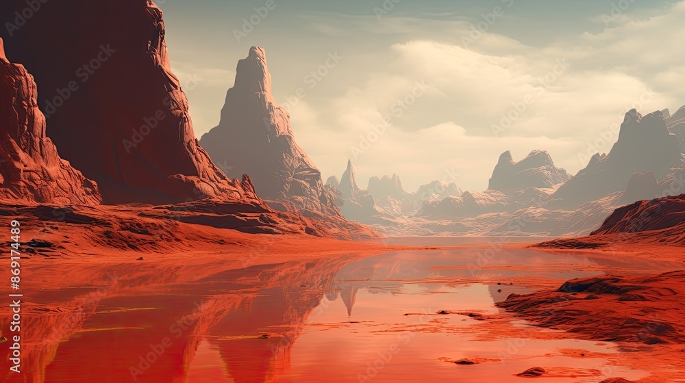 Poster a stunning landscape of a red planet with a river running through it.