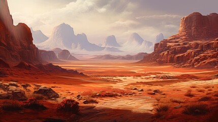 Naklejka premium A vast and desolate desert landscape with towering rock formations. the scene is bathed in warm golden light.