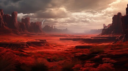 Fototapeta premium A barren desert landscape with red rocks and sand. The sky is cloudy and there is a crescent moon in the distance.