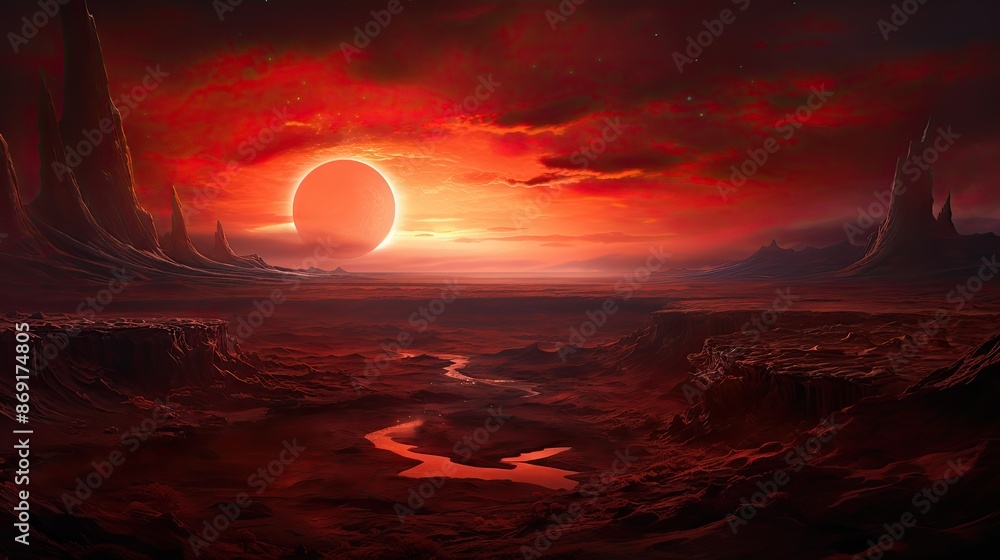 Poster a beautiful landscape of a red planet with a large red sun setting in the background. the foreground