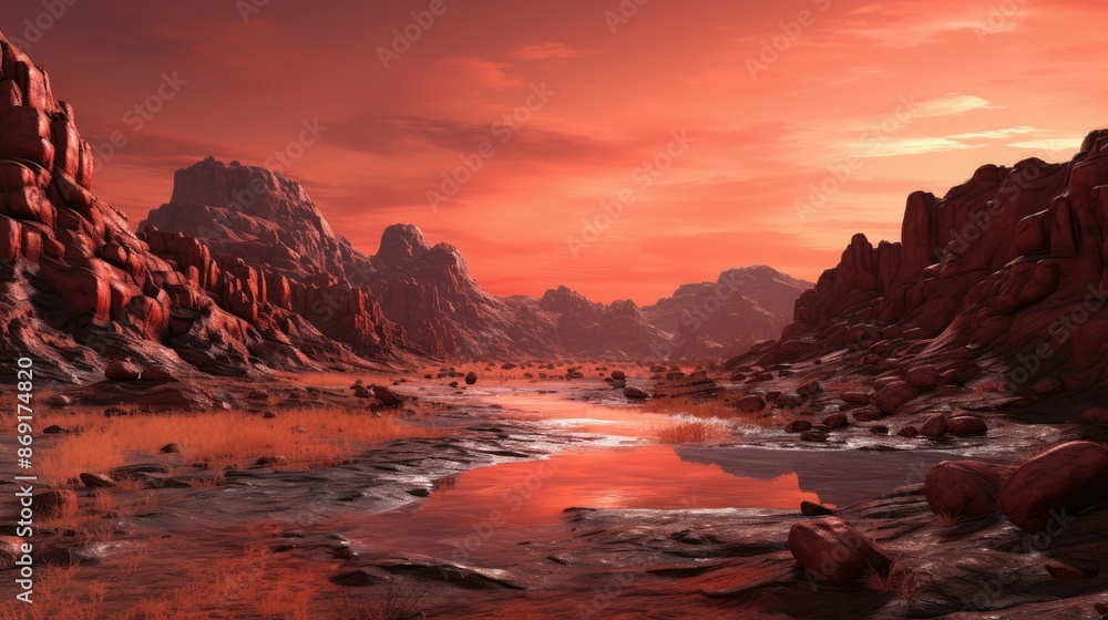 Poster a stunning landscape of a red planet with a river running through it. the sky is a deep orange and t