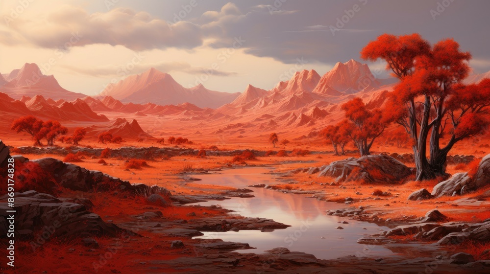 Poster A beautiful landscape of a red planet with a river running through it.