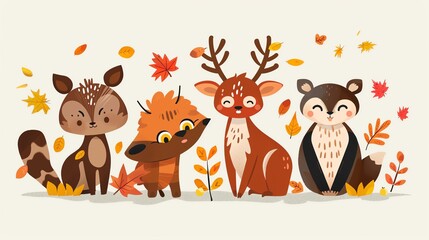Naklejka premium Autumn animals, woodland creatures with fall leaves, flat design illustration