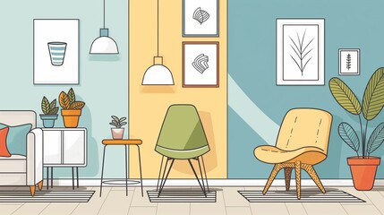 Cozy mid-century modern living room interior illustration