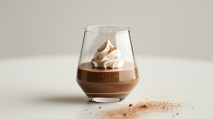 A minimalist dessert presentation of a small chocolate mousse, served in a clear glass with a tiny dollop of whipped cream on top