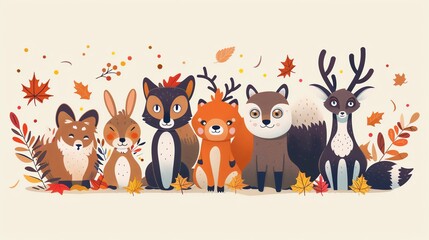 Fototapeta premium Autumn animals, woodland creatures with fall leaves, flat design illustration