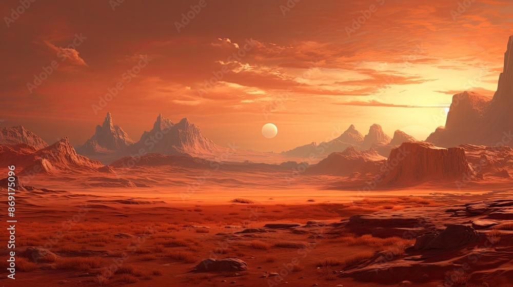Poster a beautiful landscape of a red planet with a large moon in the sky. the planet is covered in red roc