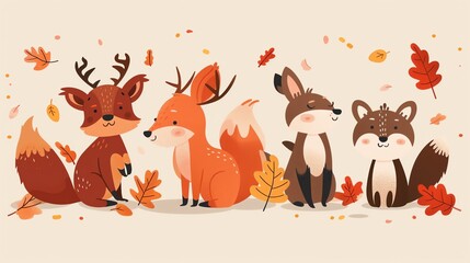 Autumn animals, woodland creatures with fall leaves, flat design illustration