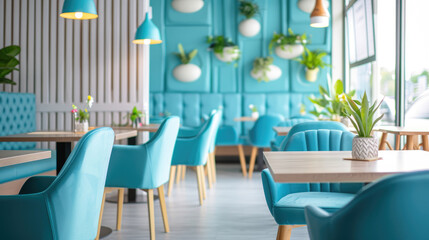 Stylish modern cafe interior with blue chairs, warm lighting, ideal for relaxation and socializing.