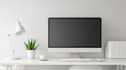 Fototapeta premium A minimalist workspace with a clean white desk, a single monitor, a small succulent plant, and a simple desk lamp