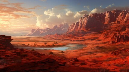 Naklejka premium A beautiful landscape of a red rocky desert with a blue oasis in the middle. The sky is orange and the sun is setting.