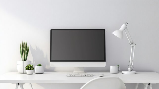 A minimalist workspace with a clean white desk, a single monitor, a small succulent plant, and a simple desk lamp