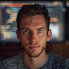 Vivid image of a man in programming setting, displaying ultra-realism and attention to detail, capturing the essence of coding and technology.